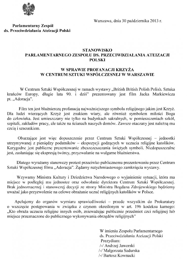 Zespół - stanowisko - profanacja krzyża