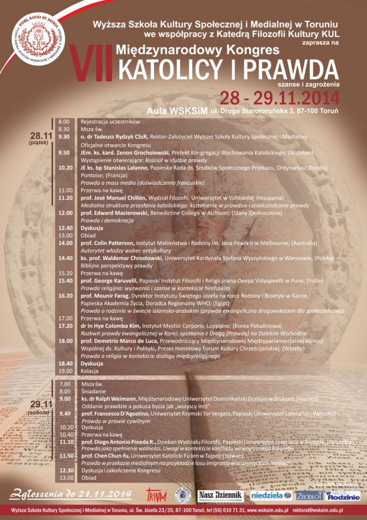 VII KONGRES MIĘDZYNARODOWY - KATOLICY I PRAWDA SZANSE I ZAGROZENIA-plakat