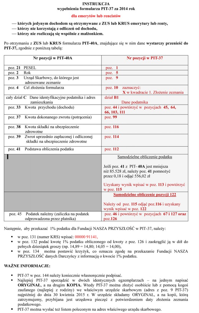 Instrukcja wypełnienia formularza PIT-37 za 2014 rok dla emerytów lub rencistów