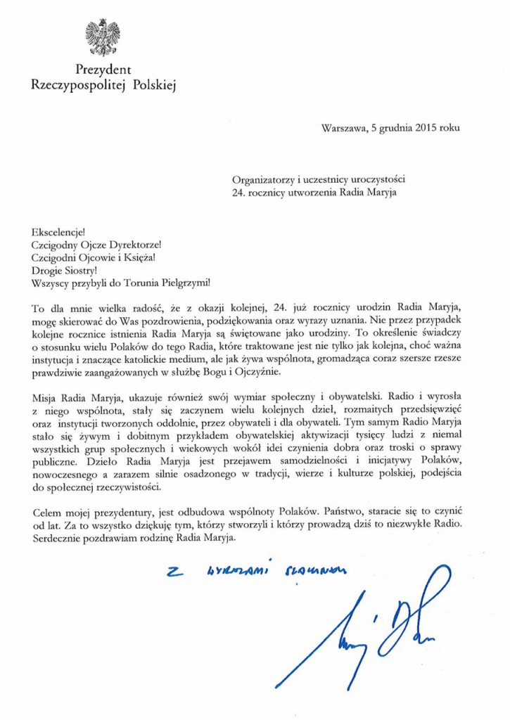 list prezydenta Andrzeja Dudy