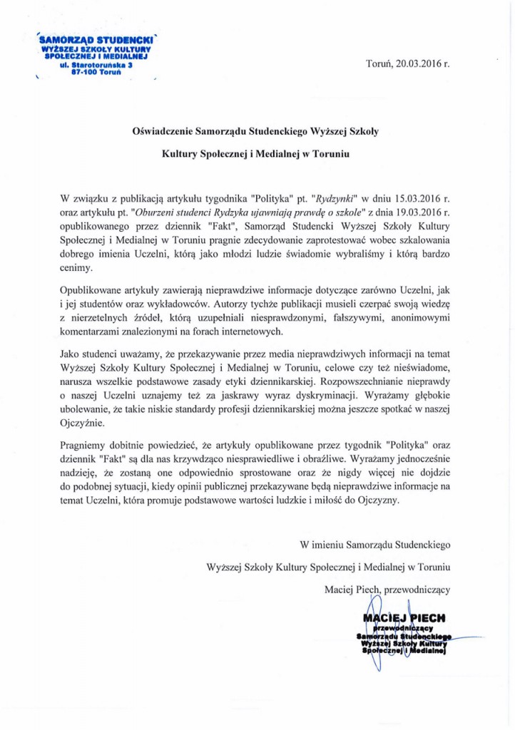 Oświadczenie Samorządu Studenckiego WSKSiM