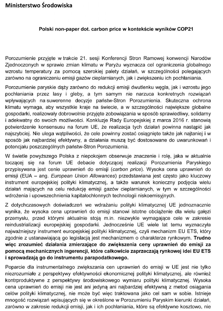 Polski non-paper dot. carbon price w kontekście wyników COP21-1